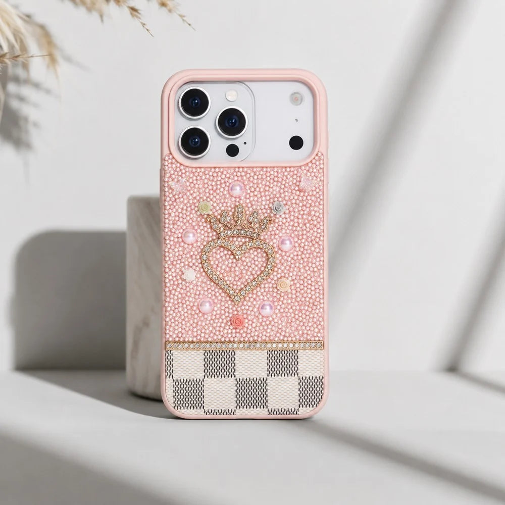 Vissel Heart Crystal Luxury 17 Pro Max Lederhülle für iPhone 18 Pro Max aus echtem Leder
