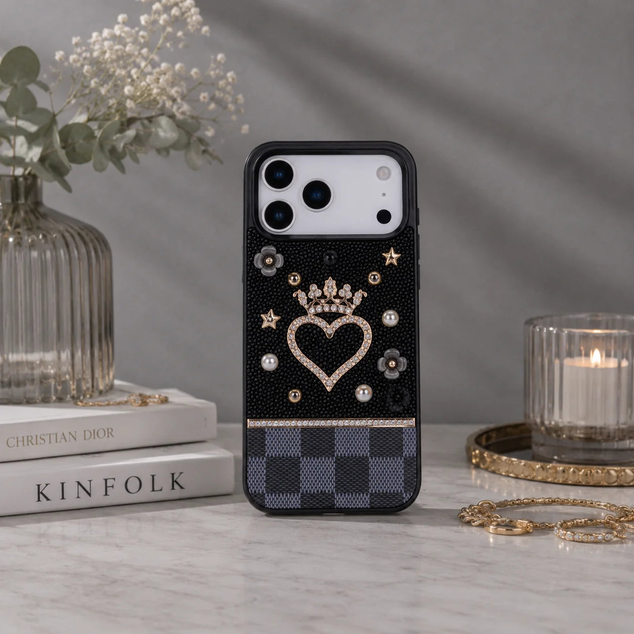 Vissel Heart Crystal Luxury 17 Pro Max Lederhülle für iPhone 18 Pro Max aus echtem Leder
