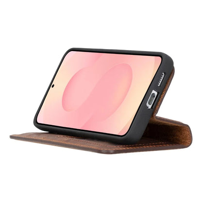Magic Abnehmbar Leder Wallet Case für Samsung Galaxy S25 aus echtem Leder in Braun