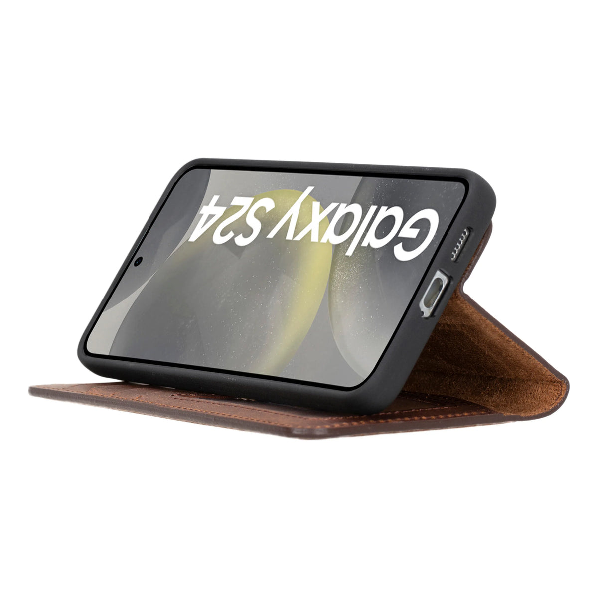 Magic Abnehmbar Leder Wallet Case für Samsung Galaxy S24 aus echtem Leder in Braun