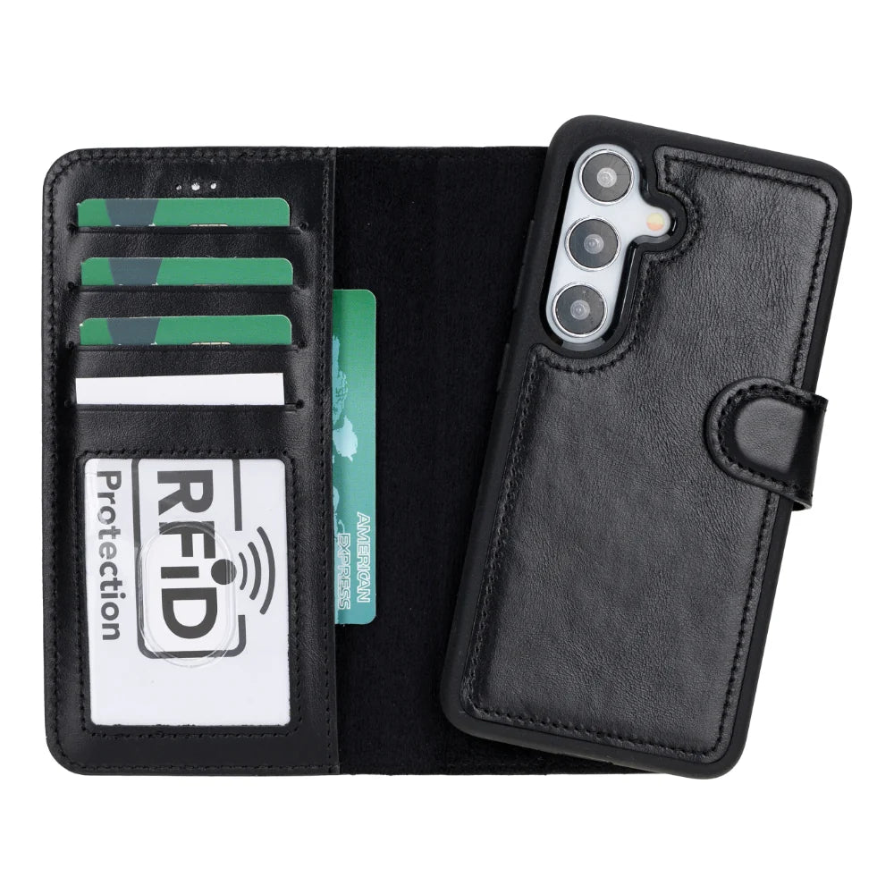 Magic Abnehmbar Leder Wallet Case für Samsung Galaxy S25 aus echtem Leder in Braun