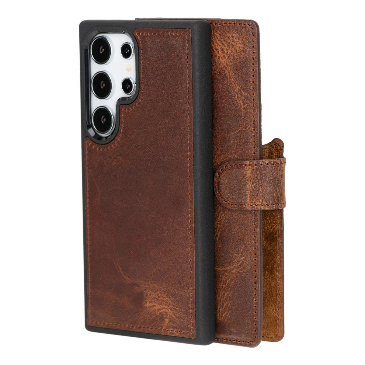 Magic Abnehmbar Leder Wallet Case für Samsung Galaxy S24 Ultra aus echtem Leder in Braun
