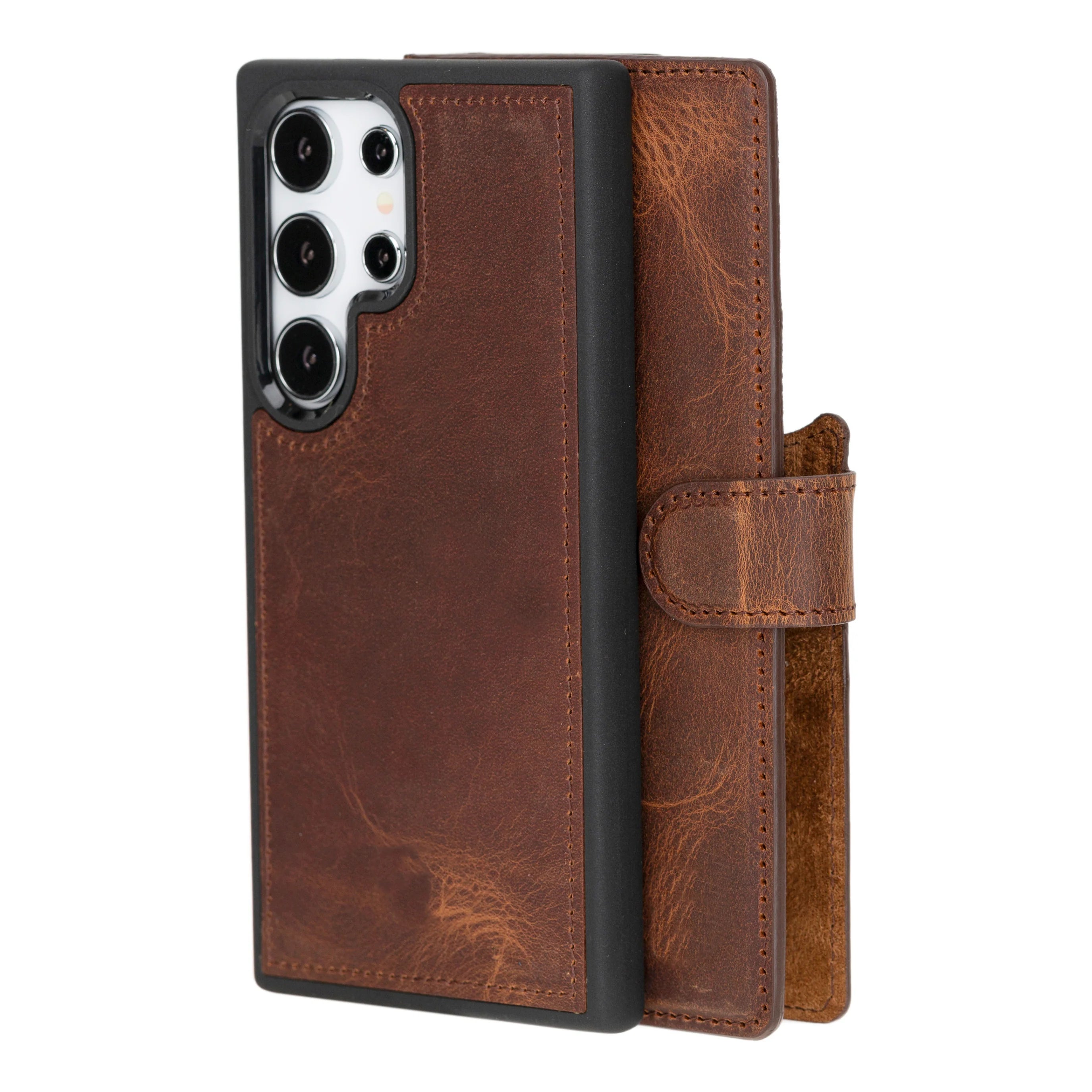 Magic Abnehmbar Leder Wallet Case für Samsung Galaxy S24 Ultra aus echtem Leder in Braun