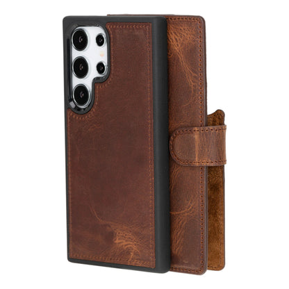 Magic Abnehmbar Leder Wallet Case für Samsung Galaxy S24 Ultra aus echtem Leder in Braun