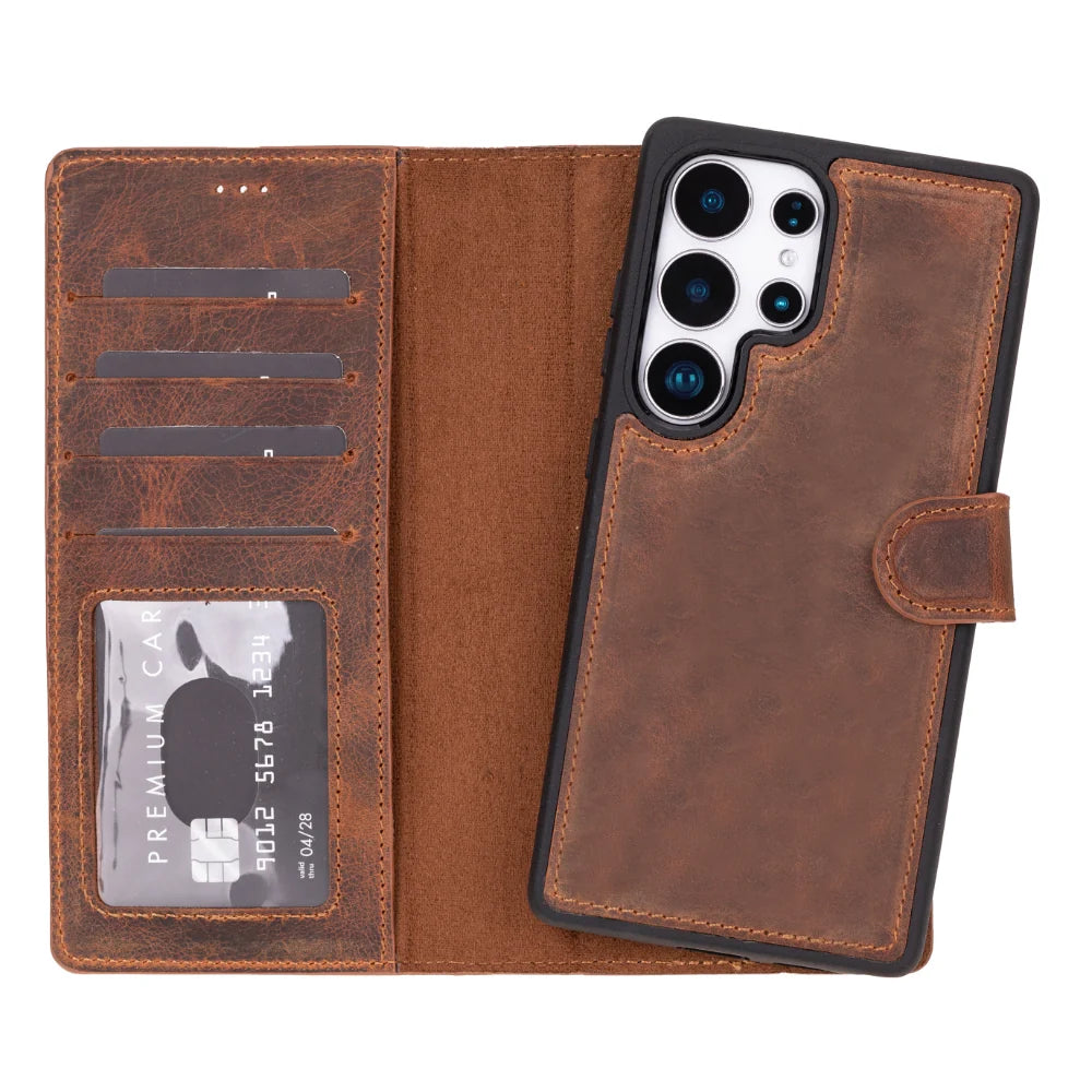 Magic Abnehmbar Leder Wallet Case für Samsung Galaxy S25 Ultra aus echtem Leder in Braun