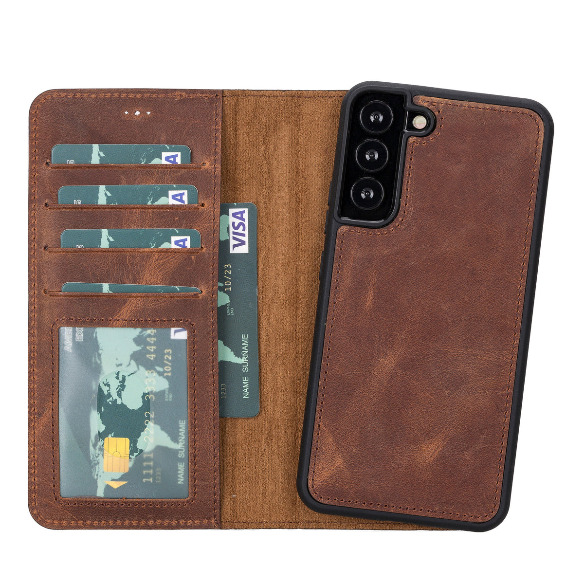 Magic Abnehmbar Leder Wallet Case für Samsung Galaxy S22 Plus aus echtem Leder in Braun