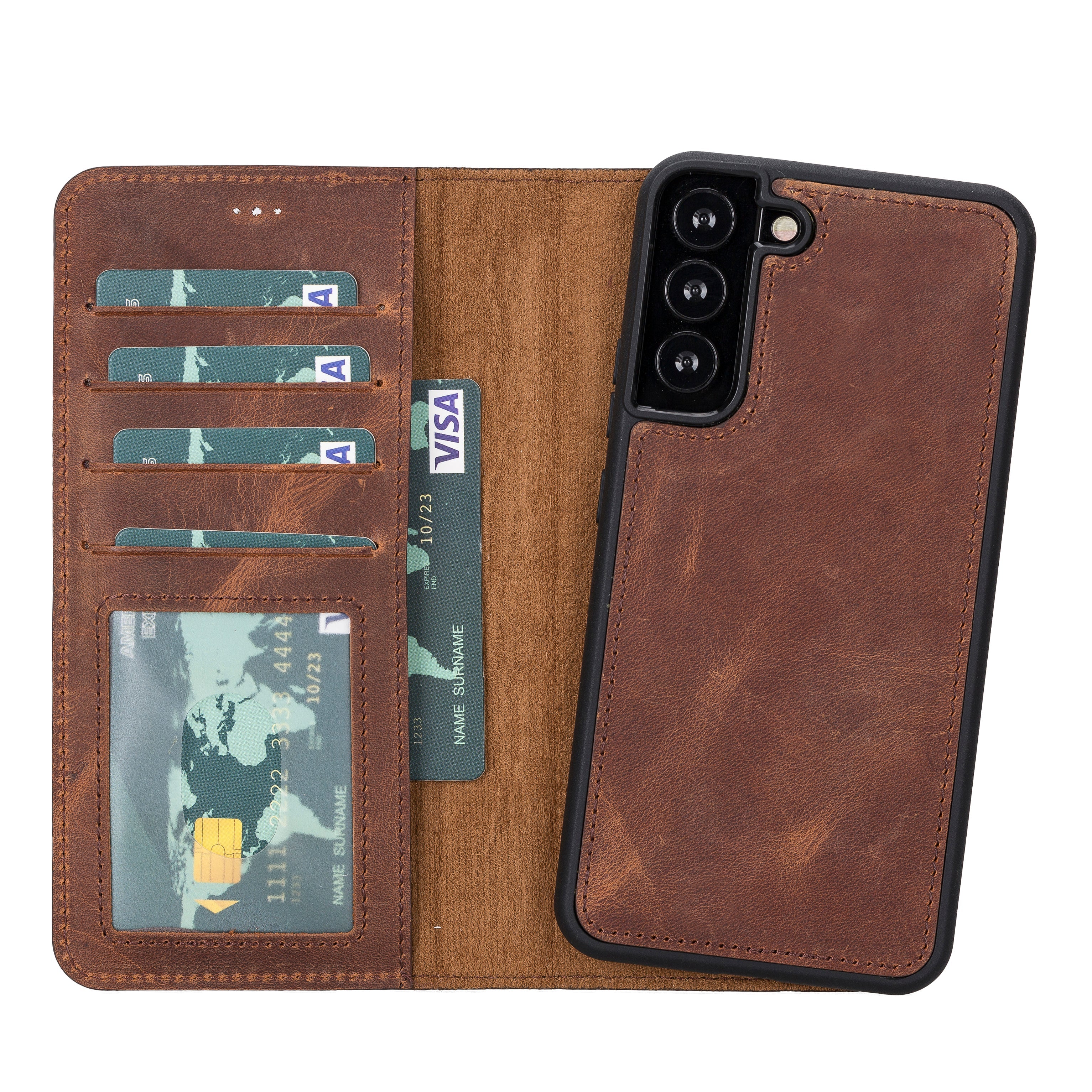 Magic Abnehmbar Leder Wallet Case für Samsung Galaxy S22 Plus aus echtem Leder in Braun