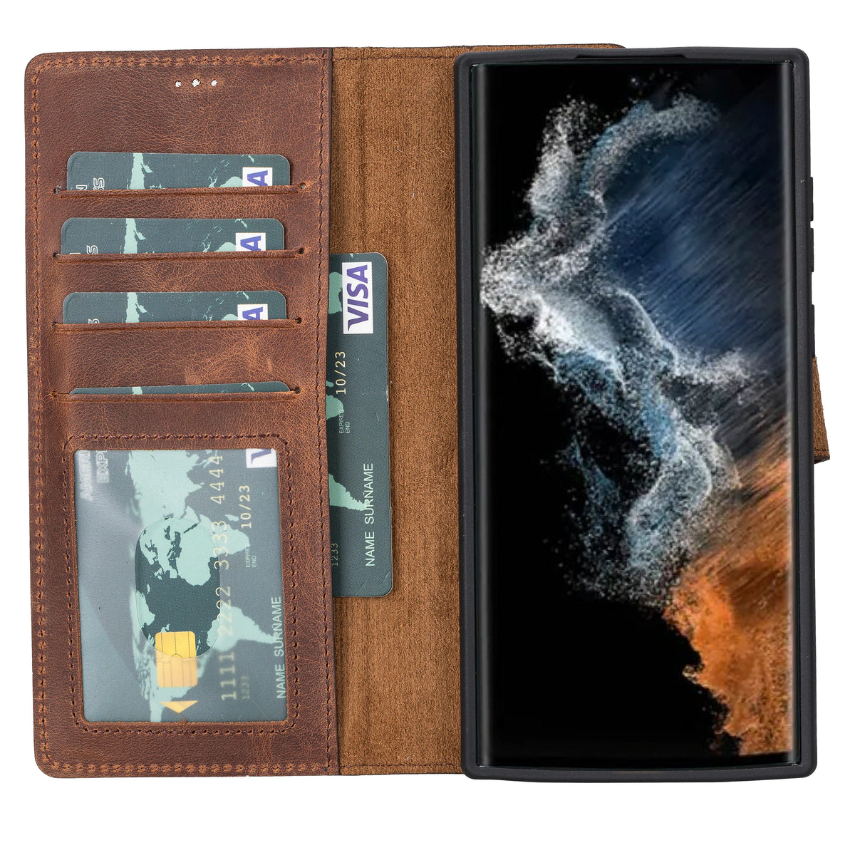 Magic Abnehmbar Leder Wallet Case für Samsung Galaxy S23 Ultra aus echtem Leder in Braun