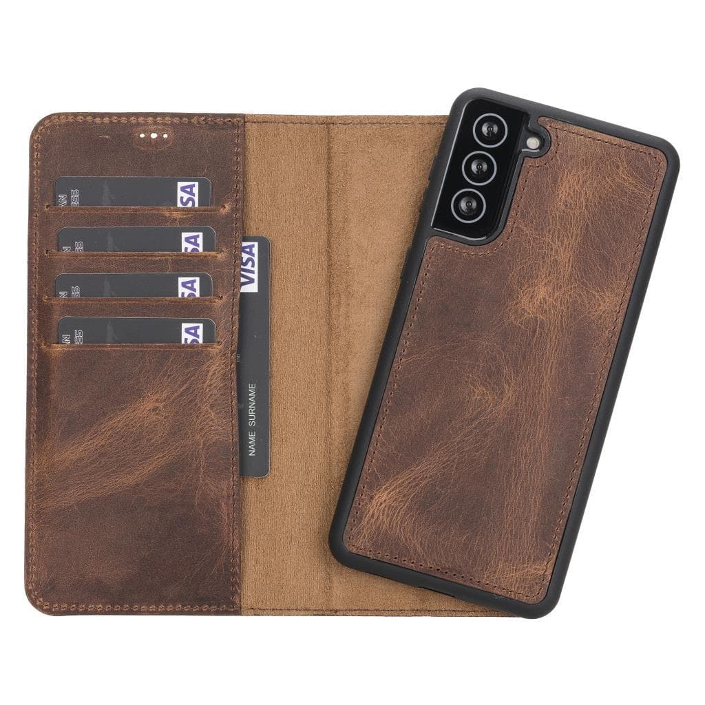 Magic Abnehmbar Leder Wallet Case für Samsung Galaxy S21 Ultra aus echtem Leder in Braun