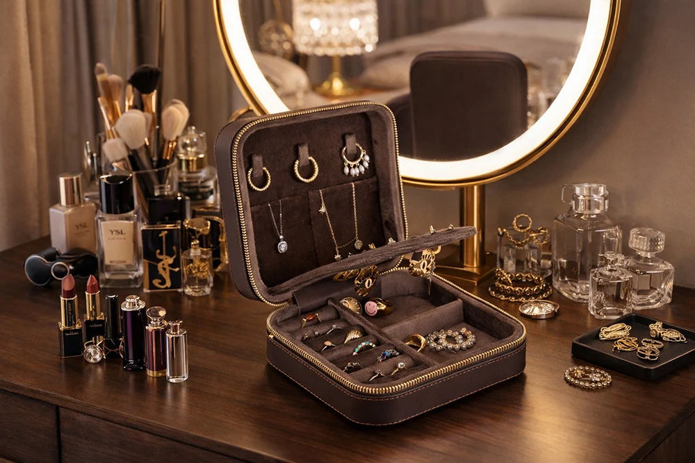 Amanda Jewelry Box, Medium aus echtem Leder aus echtem Leder